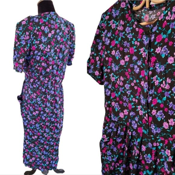 4 for $32  vintage 80s black and purple floral dress - Picture 4 of 5